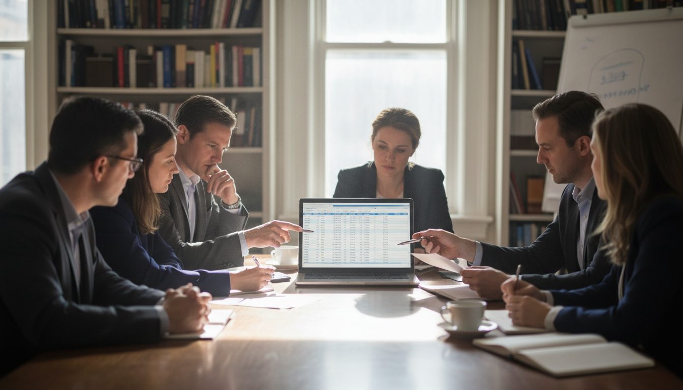 People seated around a conference table reviewing a budget spreadsheet displayed on a laptop and printed pages
