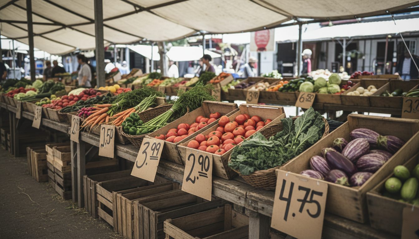 Wooden crates of fresh vegetables arranged in rows, each marked with a handwritten price label