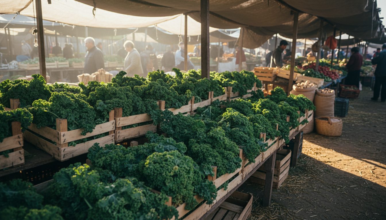 Wooden crates filled with bunches of fresh green kale on display at a market stall