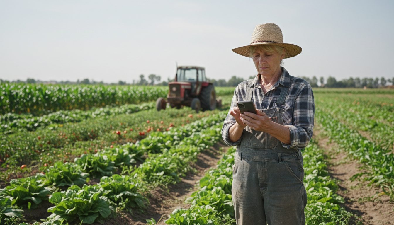 An older farmer stands in a vegetable field, looking down at a smartphone held in his hands.