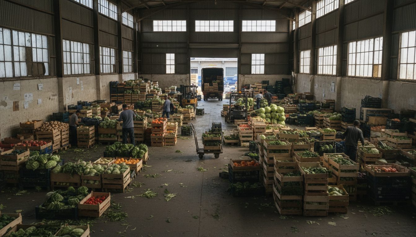 Wooden and plastic crates of fresh vegetables stacked in rows inside a market warehouse
