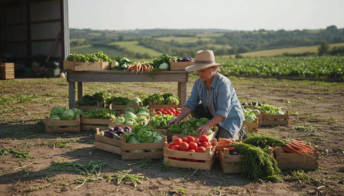 A farmer packing fresh vegetables into wooden crates outdoors on a sunny day