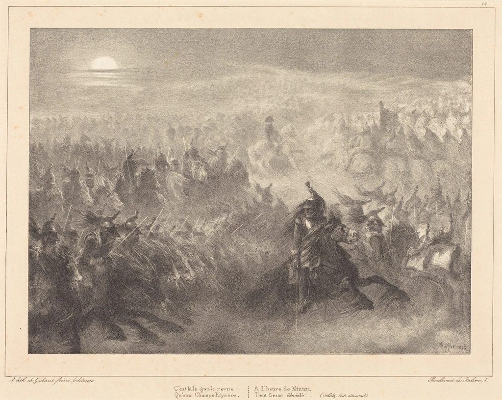 Moonlit 19th-century lithograph of Napoleonic soldiers marching in ghostly ranks past a mounted figure at night.