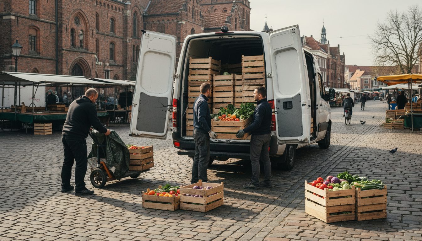 Worker loading crates of fresh vegetables into the open back of a delivery van parked outdoors