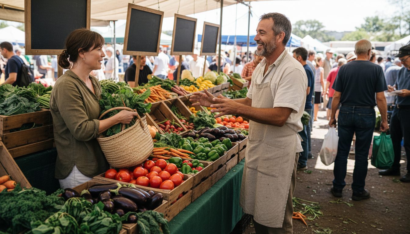 A vendor hands fresh vegetables to a customer at an outdoor farmers market stall piled with produce.