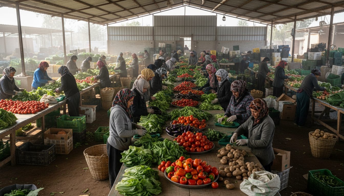 Workers in aprons sorting and packing fresh vegetables into crates at a produce table