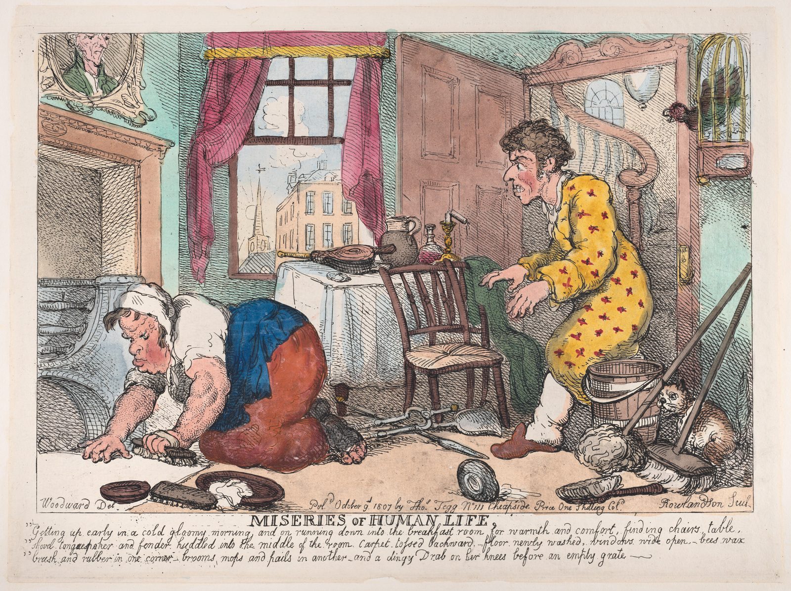 Satirical print of a shivering figure in nightclothes hunched before a cold, empty fireplace grate in a gloomy room