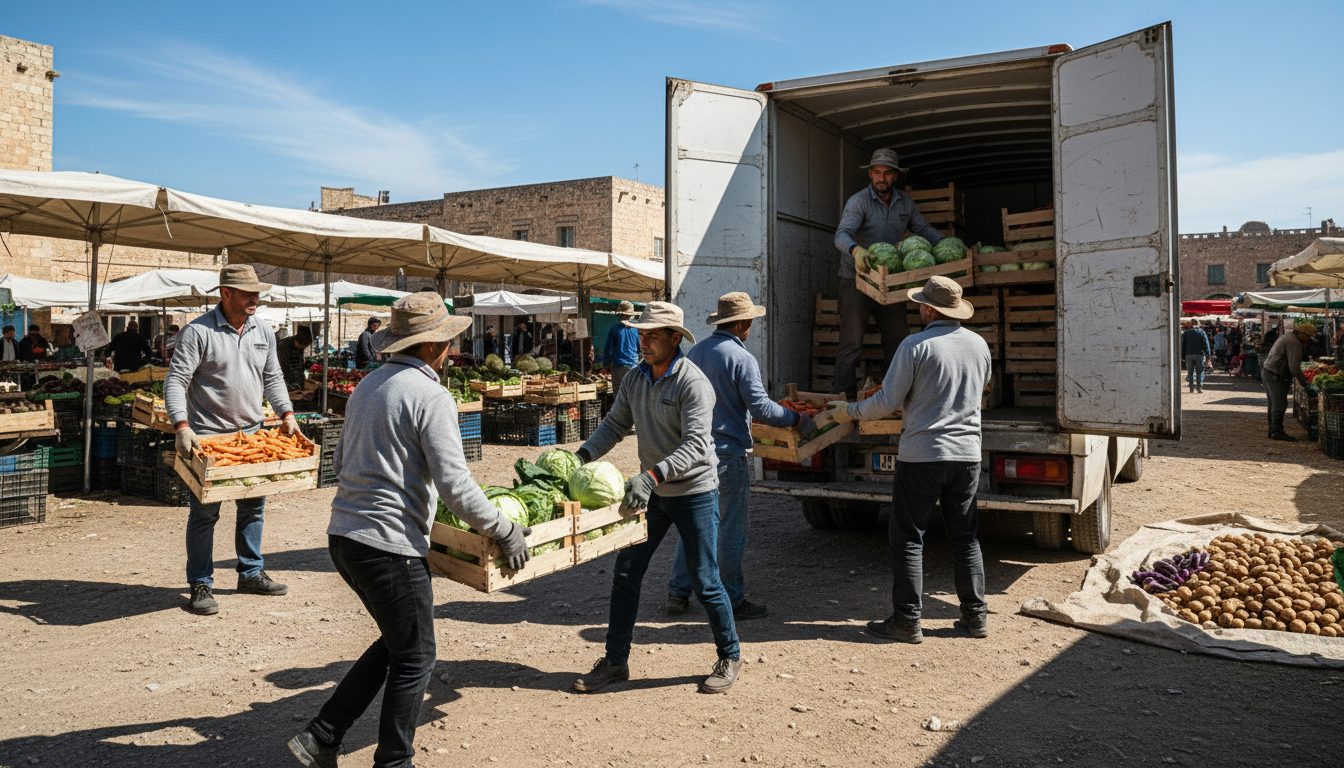 Two farmers lifting crates of fresh vegetables out of the back of a parked van