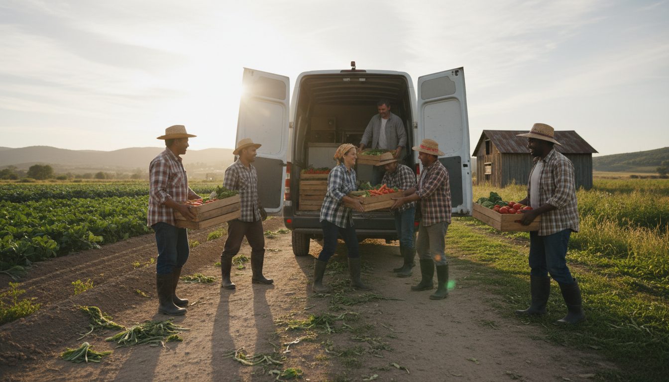 Two farmers lifting crates of fresh vegetables into the back of a white delivery van
