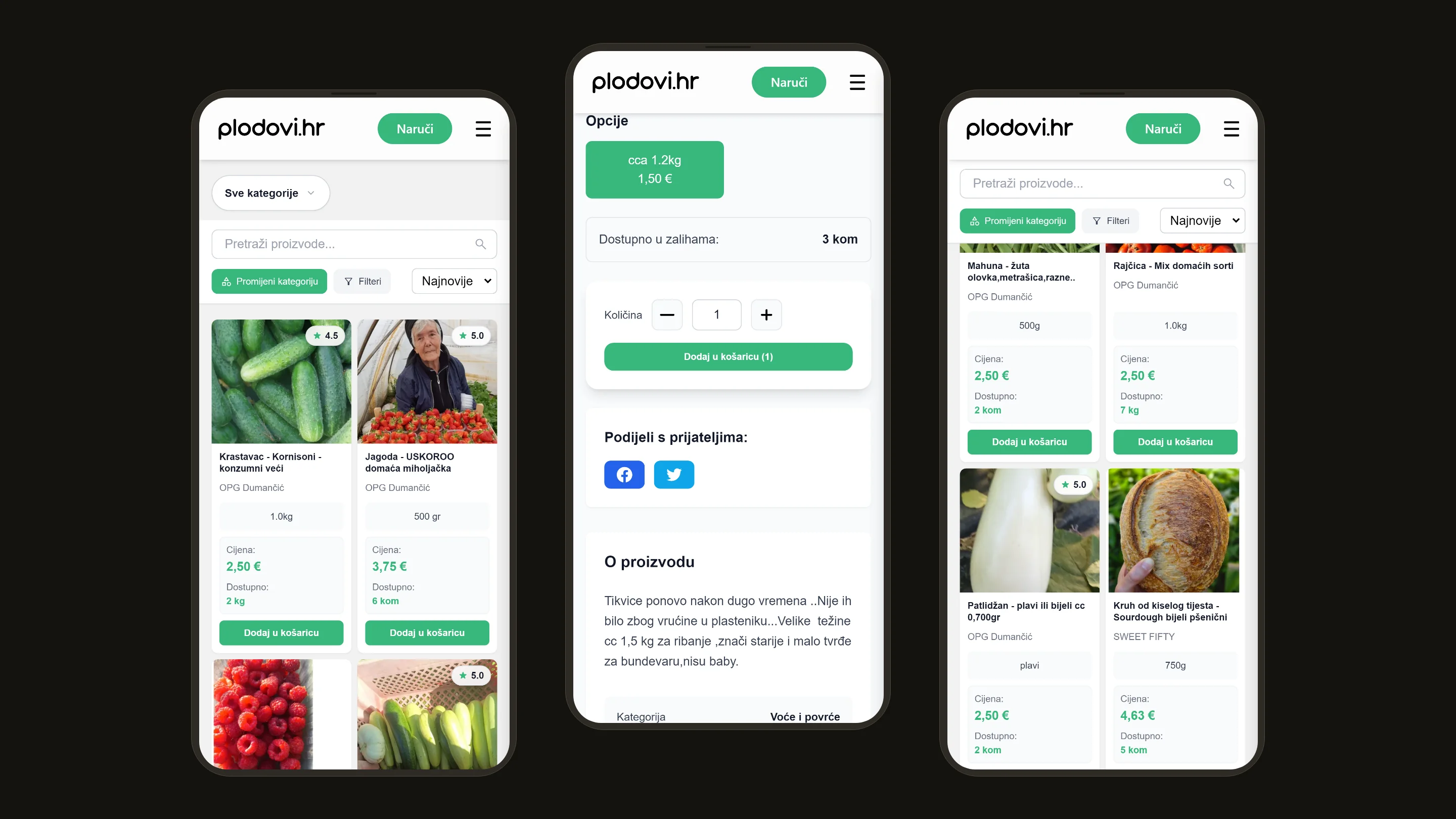 Three phones showing the Plodie Shopper app: the produce catalogue, a product with its options and stock, and a grid of what local growers have listed