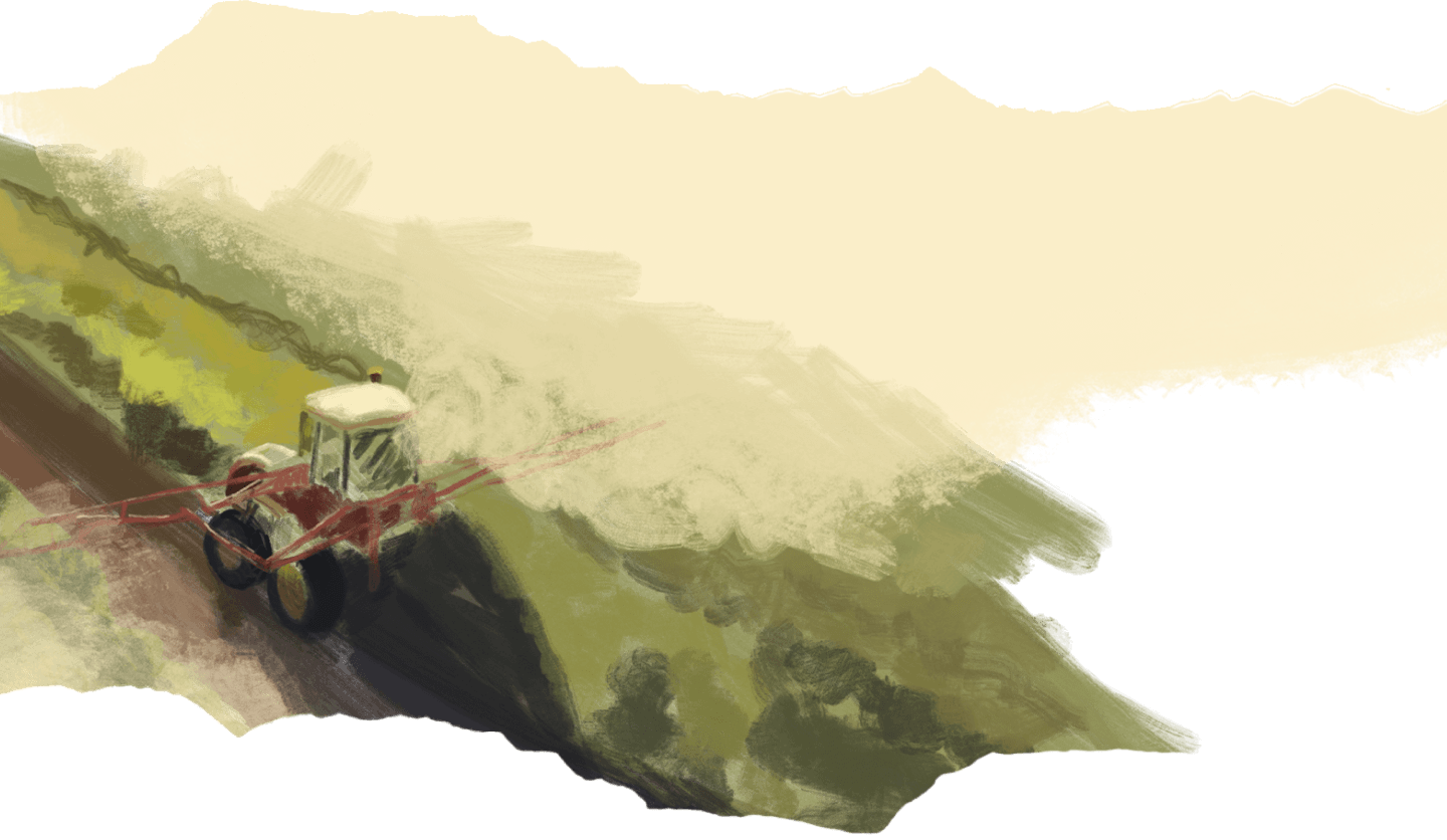 A painting of a tractor spraying a hillside field