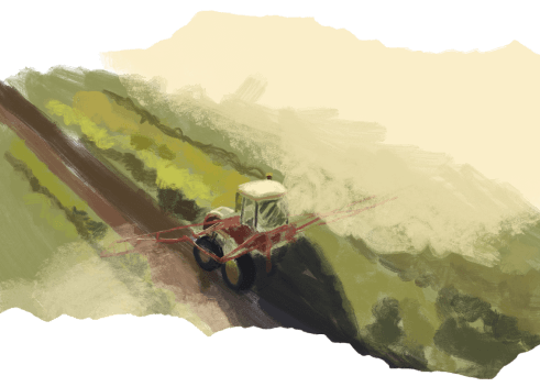A painting of a tractor spraying a hillside field